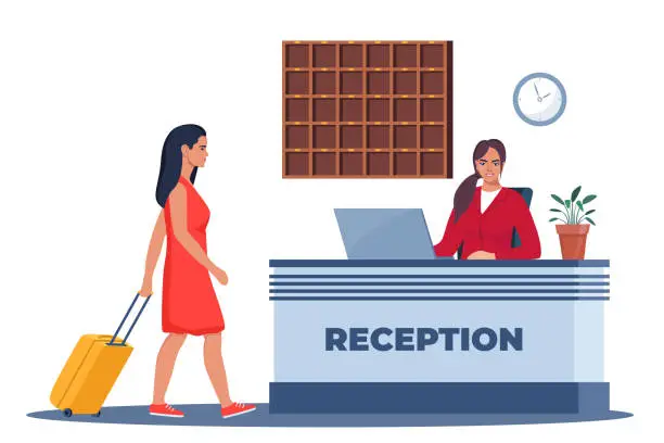 Vector illustration of Hotel lobby, reception. Woman receptionist behind the desk, guest with baggage checking in. Hotel Arriving. Tourism, business trip concept. Interior of inn. Vector illustration.