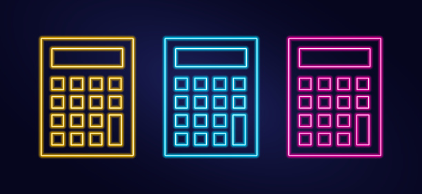Set of neon calculator icons on dark background. Illuminated Counting symbol. Luminescent Counting Device. Finance. School subject of mathematics. Color image - yellow, pink, blue. Vector illustration