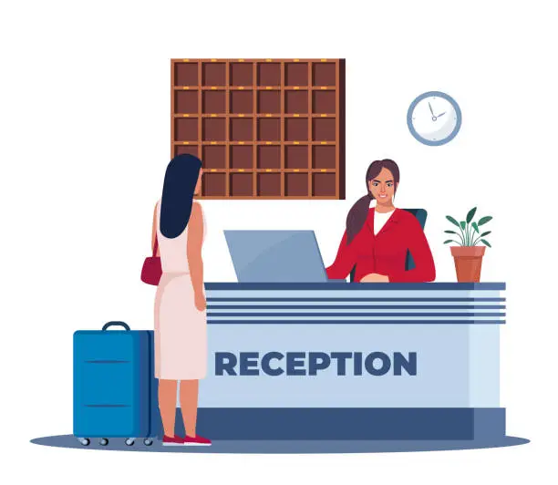 Vector illustration of Hotel lobby, reception. Woman receptionist behind the desk, guest with baggage checking in. Hotel Arriving. Tourism, business trip concept. Interior of inn. Vector illustration.