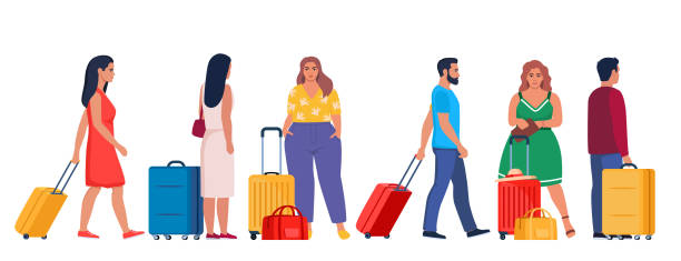 istock Travelers with baggage. Characters with suitcases and bags. Tourists group with suitcases. Traveling crowd with luggage. Concept for travel or lifestyle blogs. Vector Illustration. 2070363632