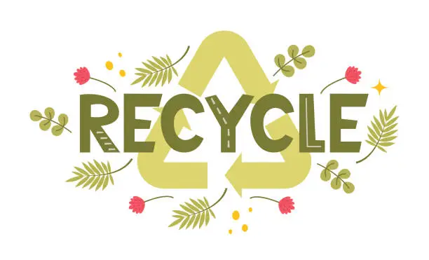 Vector illustration of Recycle lettering. Modern eco sticker with recycle sign, arrows and leaves. Concept of ecology, zero waste and sustainability. Vector illustration.