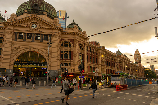 Melbourne, Australia - December 29,2023 : View of the iconic Flinders Street Station at evening light in Melbourne, Australia on December 29,2023.