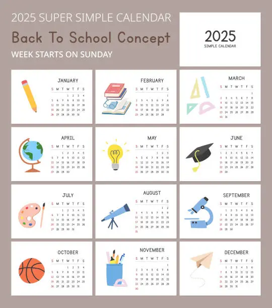 Vector illustration of Simple 2025 Calendar Template with cute school supplies illustrations, Back To School concept. Minimal layout vector design. Calendar for the year 2025 tables for 12 months. Modern, playful design