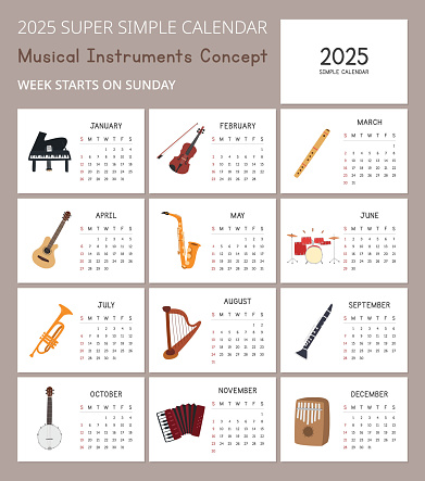 Simple 2025 Calendar Template with cute musical instruments illustrations, Orchestra concept. Minimal layout vector design. Calendar for the year 2025 tables for 12 months. Modern and elegant design