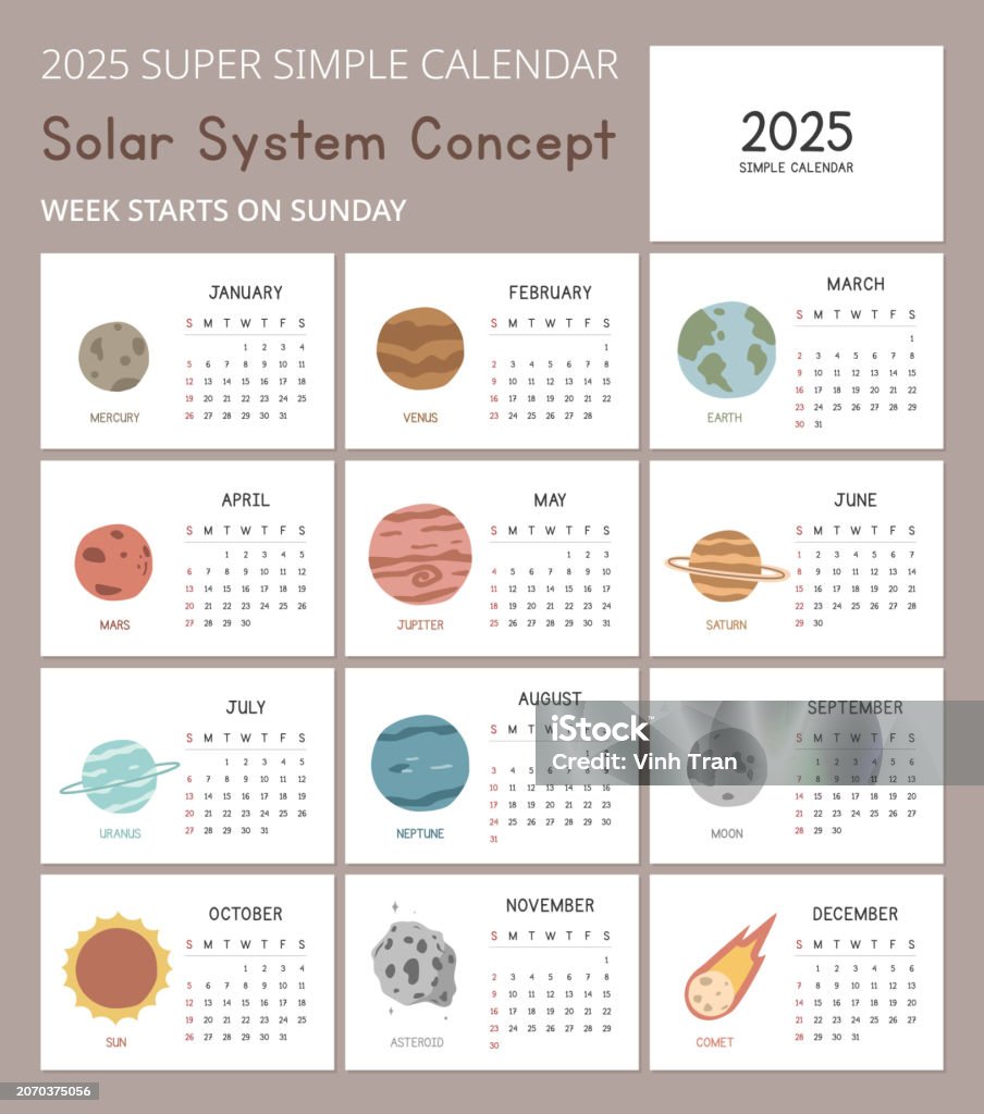 Template Kalender 2025 Sederhana Dengan Ilustrasi Konsep Tata Surya