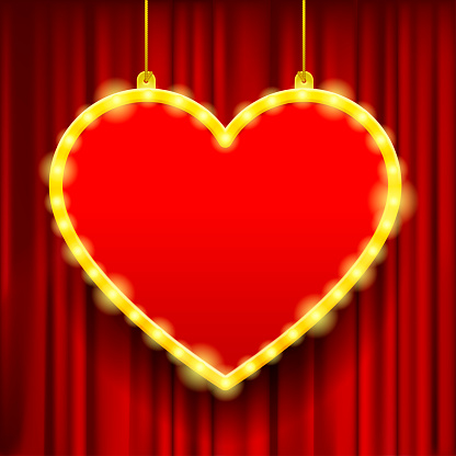 A hanging red heart-shaped signage in a yellow frame with lights in 3D style on red curtain. Template for presentation and show. Vector illustration