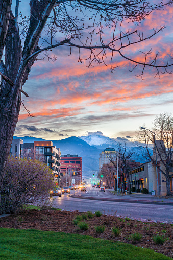 Downtown Colorado Springs Sunset with Road and View of Pikes Peak