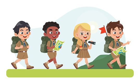 Scout honor character Set. happy cute kids studying tour route maps, summer camp holiday set.