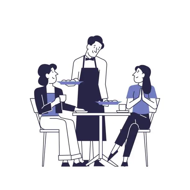Vector illustration of A waiter brings an order to two girls in a restaurant.