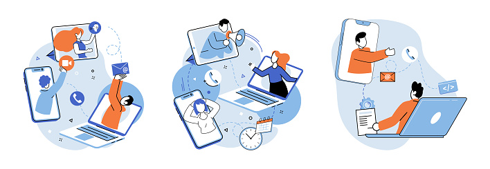 Online team vector illustration. The internet connected individuals and fostered global network professionals The remote meeting allowed for effective decision making and problem solving The online
