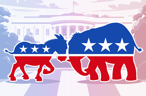Vector illustration of a republican elephant and a democratic donkey facing off in front of the White House. Concept for US politics, elections, election debates and presidential election.