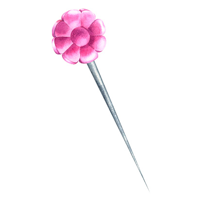 Sewing pin, pink, flower-shaped. Hand drawn watercolor illustration isolated on white background. Suitable for handmade logos, cards for creative people, packaging of sewing items, handicrafts.