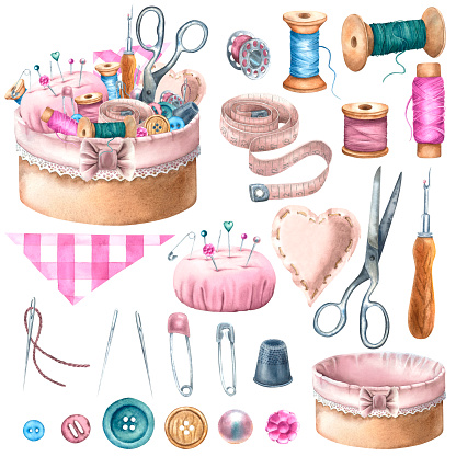 Watercolor sewing clipart: needles, threads, bobbin, scissors, tape measure, thimble, pincushion, pins. Hand painted illustration with watercolors. Perfect for postcards, packaging of sewn things.