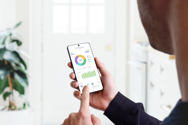Guy monitors home electricity usage with smart home app. Concept of energy efficiency, technology, and household management for sustainable living