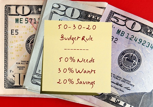 Dollars cash money with note written 50-30-20 budget rule, concept of recommend saving rule -  putting 50% toward needs, 30% toward wants 20% toward savings