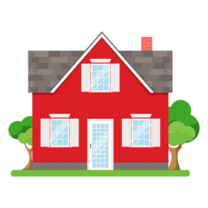 Red wooden house in retro style isolated on white background. Vector, design illustration.
