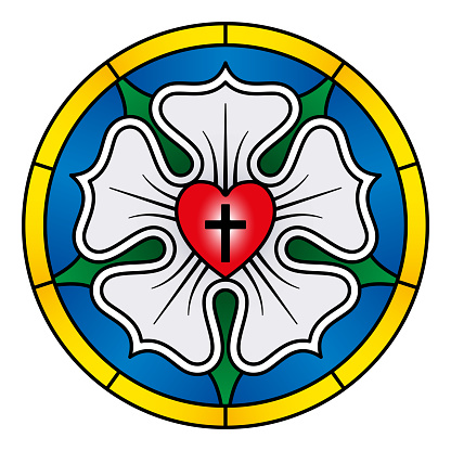 Luther rose, symbol of Lutheranism. Luther seal, expression of theology and faith of Martin Luther, consisting of a Roman cross, over a red heart, in a single white rose over blue, with a golden ring.