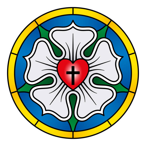 Luther rose, Luther seal, symbol of Lutheranism and faith of Martin Luther Luther rose, symbol of Lutheranism. Luther seal, expression of theology and faith of Martin Luther, consisting of a Roman cross, over a red heart, in a single white rose over blue, with a golden ring. evangelic stock illustrations