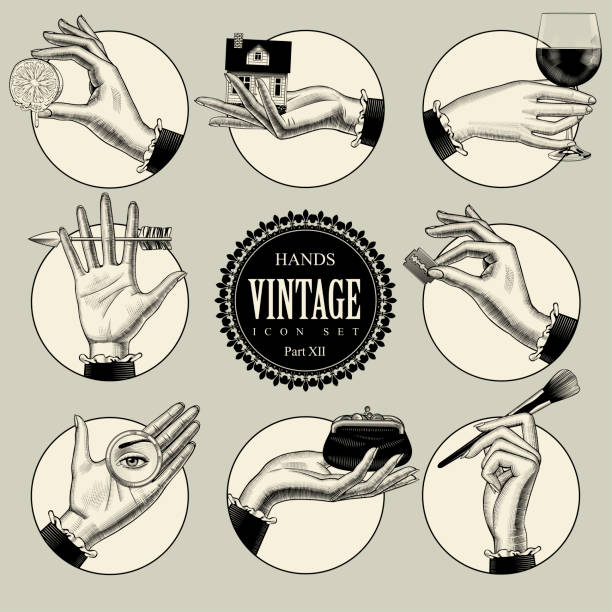 Set of round icons in vintage engraving style with hands and accessories. Retro business icons. Vector illustration