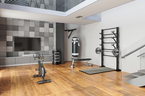 Home Gym With Exercise Bike, Barbell, Boxing Bag, Dumbbells And Television Set
