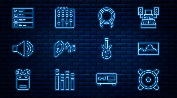 stellen sie den stereolautsprecher, den musikwellen-equalizer, die audiobuchse, das ohrhörsignal, die lautsprecherlautstärke, die wiedergabeliste, die e-bass-gitarre und das soundmixer-controller-symbol ein. vektor - recording studio electric mixer sound audio equipment stock-grafiken, -clipart, -cartoons und -symbole