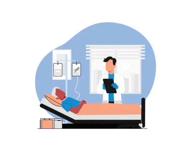 Vector illustration of Patient lying in hospital bed and doctor examining patient. Vector illustration in flat style