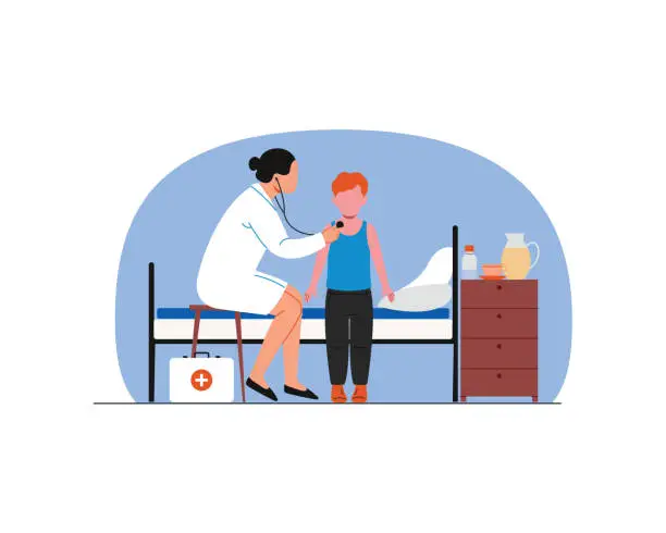 Vector illustration of Doctor with stethoscope examines patient in hospital bed. Vector illustration in flat style for health care and medical theme.