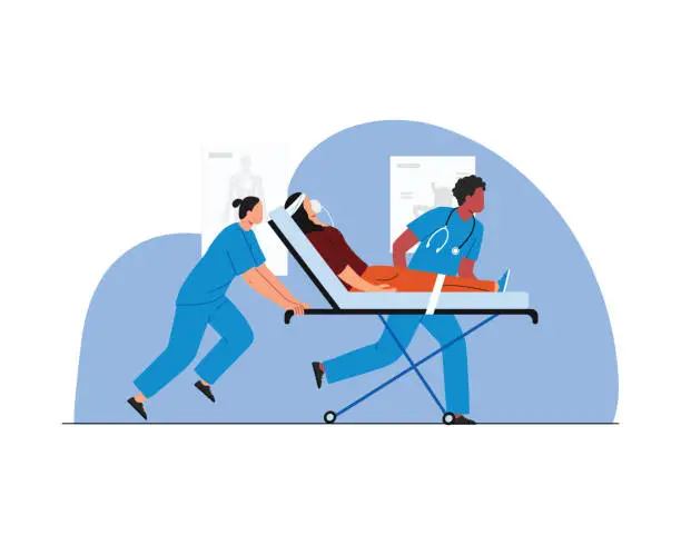 Vector illustration of doctor and nurse running while patient in stretcher for an emergency situation. vector illustration design for health care and medical theme