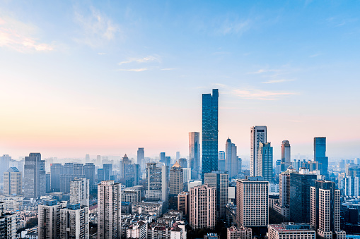 High Angle View of Deji Plaza and Xinjiekou City Skyline, Nanjing, Jiangsu, China