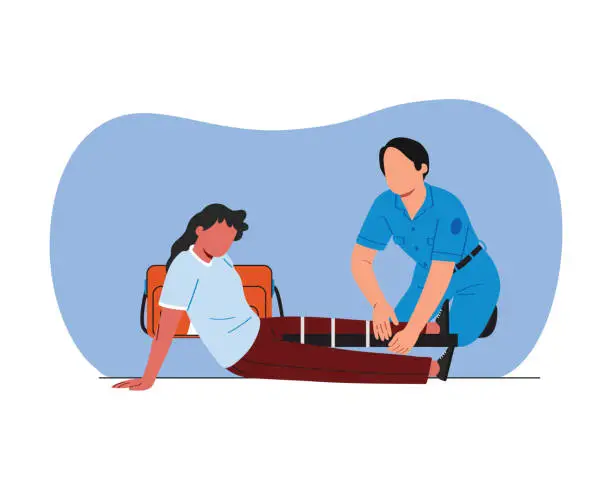 Vector illustration of First aid. Doctor or paramedic officer helping patient with fracture in stretcher. Flat style vector design for medical and health care illustration.