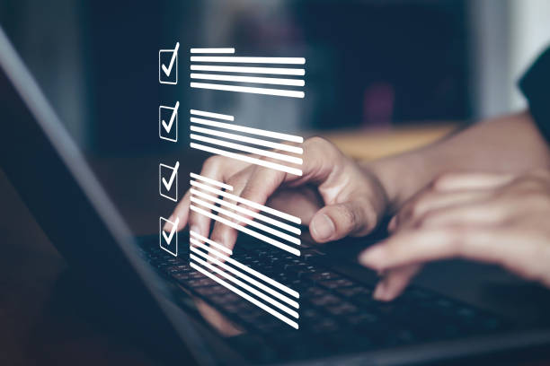 istock Concept correct mark or data check list for quality warranty, feedback sheet and data approve online. 2070494495