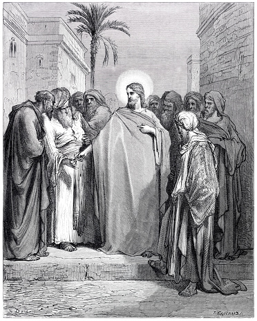 Jesus responded by asking whose face was engraved on the coins used to pay the taxes. When they answered it was Caesar's face, Jesus replied with the now-famous verse, “Then render to Caesar the things that are Caesar's; and to God the things that are God's” (Matthew 22:21 ).
Paul Gustave Louis Christophe Doré ( 6 January 1832 – 23 January 1883 ) was a French printmaker, illustrator, painter, comics artist, caricaturist, and sculptor. He is best known for his prolific output of wood-engravings illustrating classic literature, especially those for the Vulgate Bible and Dante's Divine Comedy.
Original edition from my own archives Source : Sagrada Biblia 1884