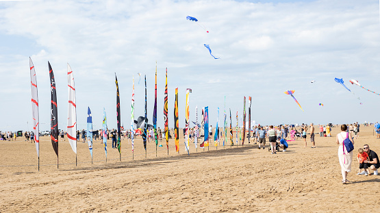 Lytham st annes Lancashire uk 9th September 2023 Kite Festival, a crowded busy beach scene of families having fun on the beach during an event on a bright summer's day