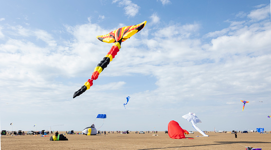 Lytham st annes Lancashire uk 9th September 2023 Kite Festival, a crowded busy beach scene of families having fun on the beach during an event on a bright summer's day
