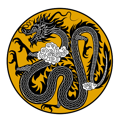 Black silhouette of a serpentine Chinese dragon in flat linear style in circle frame on yellow background. Drawing for the coloring book. Vector illustration