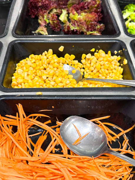 full frame image of hotel self service refrigerated buffet display, row of salad bar trays of grated carrots, sweetcorn, lollo rosso lettuce leaves and broccoli florets, ingredients for self made salad, serving spoons, salad vegetable restaurant buffet - focus on foreground eating utensil serving utensil tray imagens e fotografias de stock