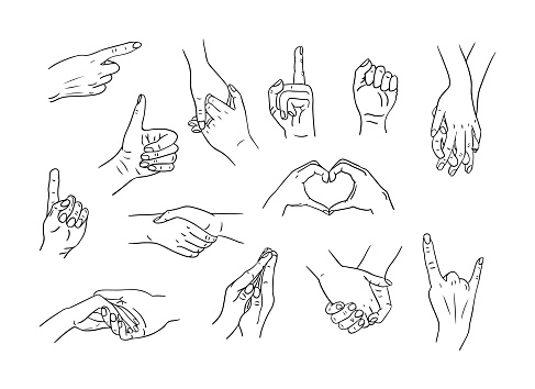 Sketchy drawings oh different poses of human hands. Males and females hands of people in relationship or single. Ideal for coloring pages, tattoo, pattern