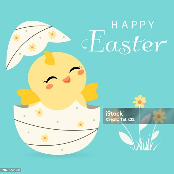Happy Easter Vector Card Cute Little Chicken In A Shell Spring Card ...