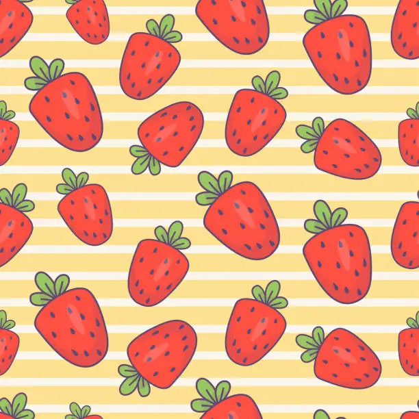 Vector illustration of Seamless pattern with red strawberries on striped yellow background. Vector illustration