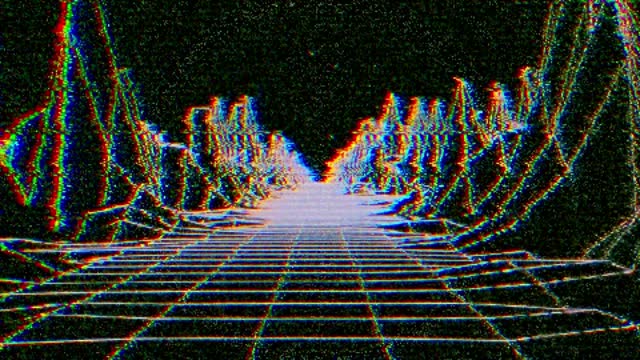 Abstract analog grunge VHS styled 80s retro background gaming and vj loop animation. Retrowave horizon landscape with neon lights and low poly shaded terrain. Synthwave wireframe, Retro futurism grid