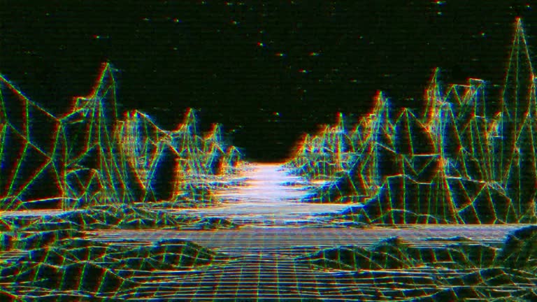 Abstract analog grunge VHS styled 80s retro background gaming and vj loop animation. Retrowave horizon landscape with neon lights and low poly shaded terrain. Synthwave wireframe, Retro futurism grid