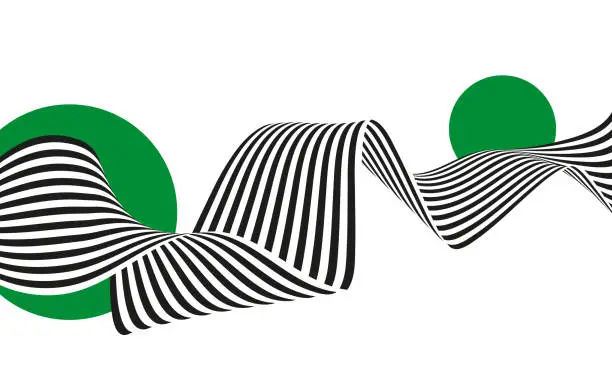 Vector illustration of Striped black and white ribbon twisted with green circles on a white background