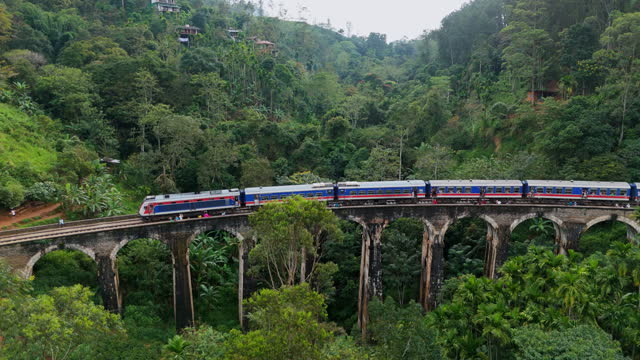 Aerial view of train passing Nine Arch bridge and tea plantation on Sri Lanka