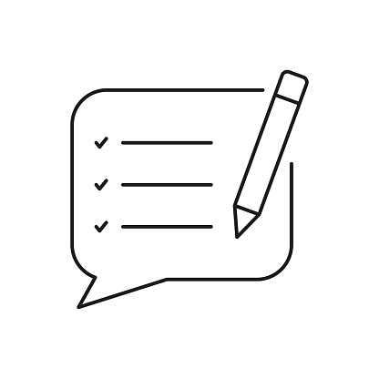 Customer Feedback Line Icon. Support Chat, Text Report Sign. Write Content. Speech Bubble With Pencil Linear Pictogram. Message, Comment Outline Symbol. Editable Stroke. Isolated Vector Illustration.