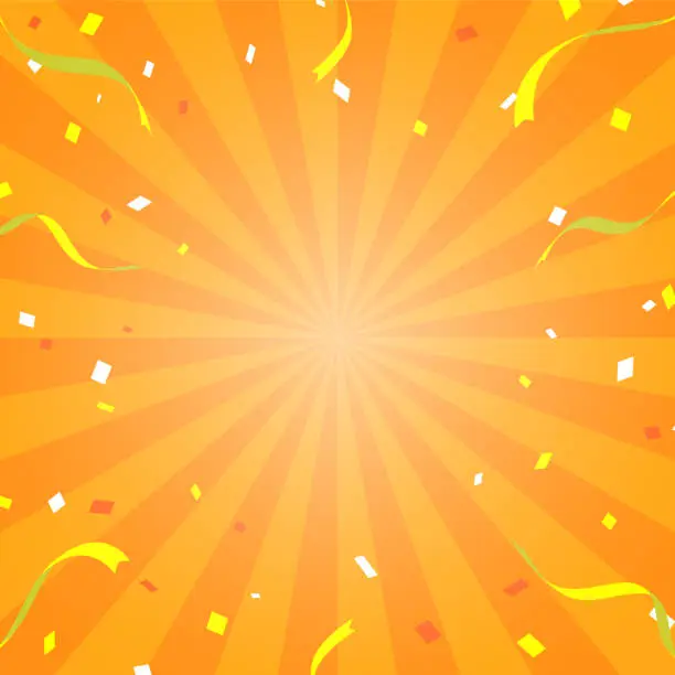 Vector illustration of Background illustration of sunburst with ribbons and confetti (orange, square)