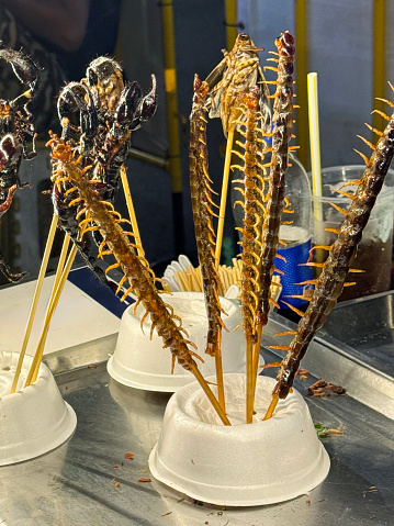 Stock photo showing close-up view of deep-fried invertebrate kebabs, millipedes and scorpions on bamboo skewers being sold at street food market stall.