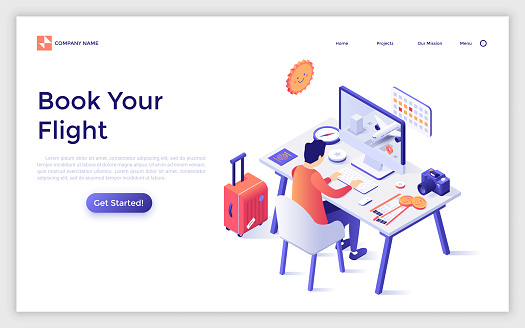 Landing page template with man sitting at desk with aircraft on screen. Concept of travel service for buying plane tickets or online flight booking. Modern isometric vector illustration for website.
