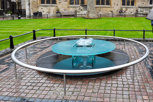 London, UK - April 2018: Monument on Tower Green where executions were made in medieval England, Tower of London