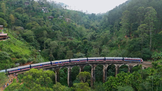 Aerial view of train passing Nine Arch bridge and tea plantation on Sri Lanka