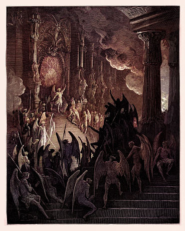 Vintage illustration Milton's Paradise Lost. High on a throne of royal state, which far Outshone the wealth of Ormus and of Ind. Book II, lines 1, 2